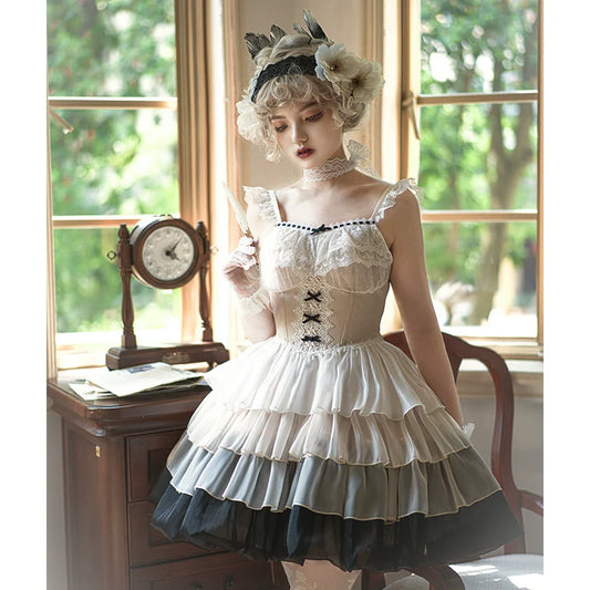 Paris Sunset JSK Fishbone with Built-in Bra Pads, Layered Skirt, Dramatic Full-Skirt Streamer Lolita Dress for All Seasons