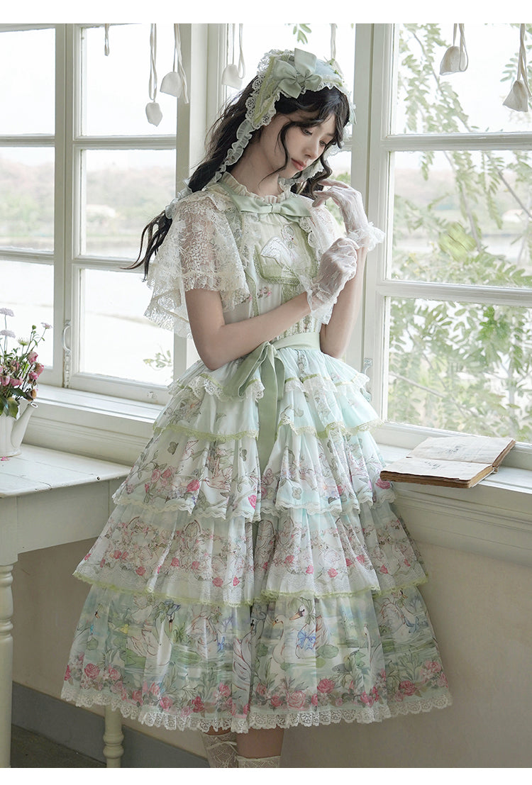 Elegant Vintage Floral Lolita JSK with Ruffled Details and Adjustable Waist Ties