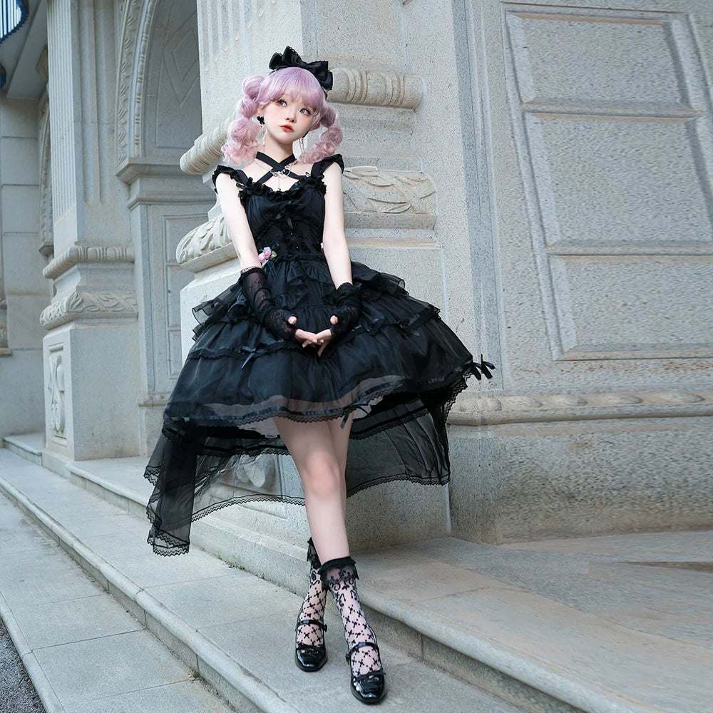 Elegant, lightweight wedding-style Lolita dress with a ballet-girl silhouette and ruffled details, inspired by cotton-candy motifs