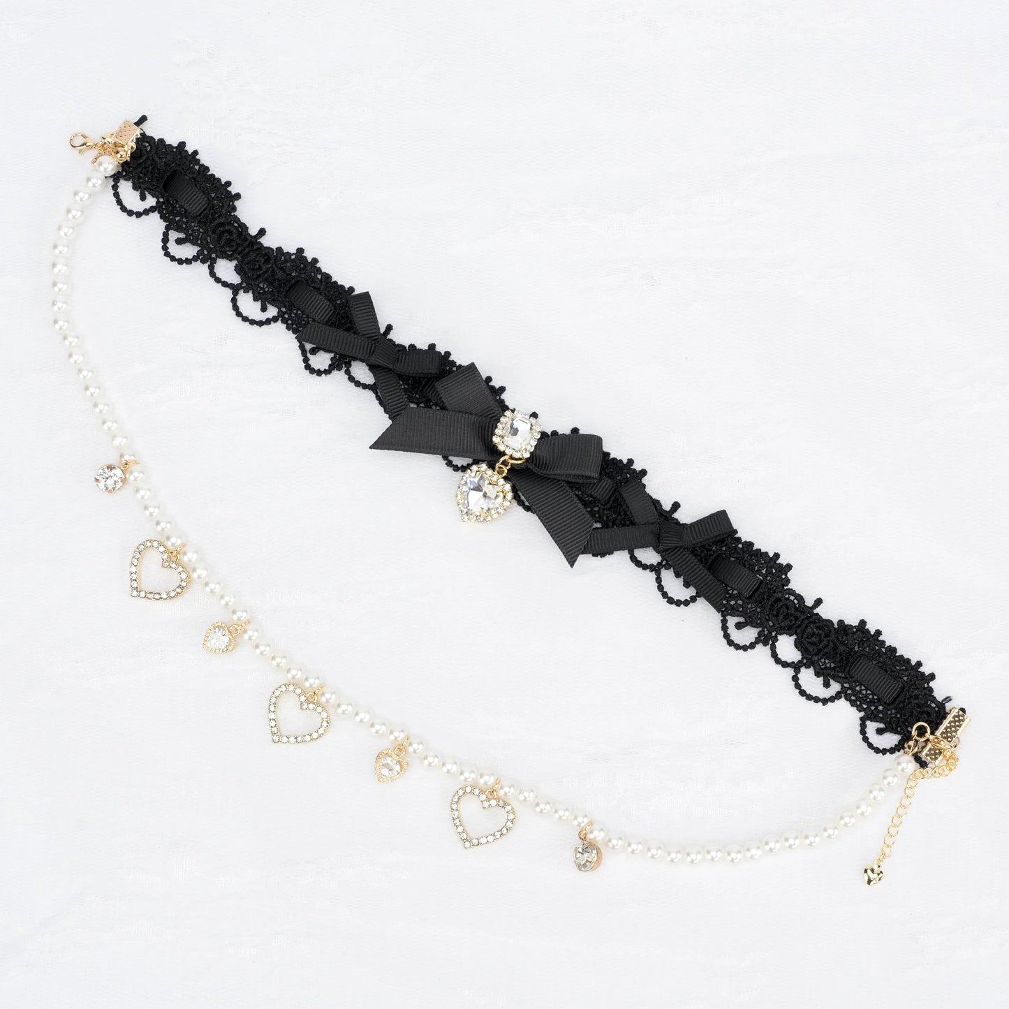 Edgy Punk Style Elaborate Double-Layer Necklace with Pearls and Gemstone Choker Lolita Collarbone Chain