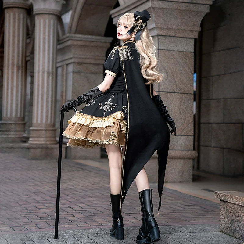 Steampunk - inspired Lolita Dress with Georgette Skirt, Elegant Bow - ties and Intricate Embroidery