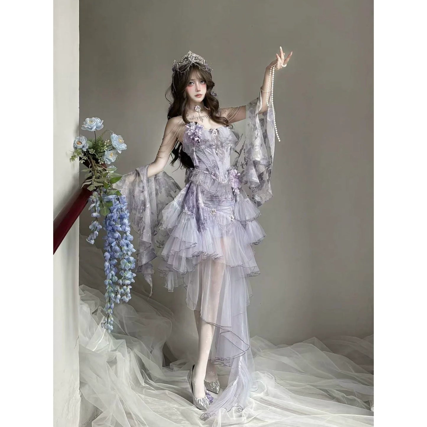 Dreamy Lavender Lolita Gown with Floral Embellishments, Layered Tulle Skirt