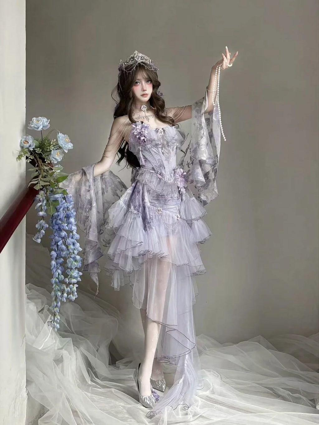 Dreamy Lavender Lolita Gown with Floral Embellishments, Layered Tulle Skirt