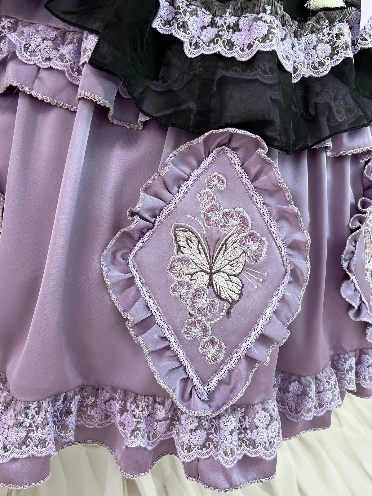 Elegant Purple and Black Lolita Dress with Detachable Apron and Intricate Lace Details