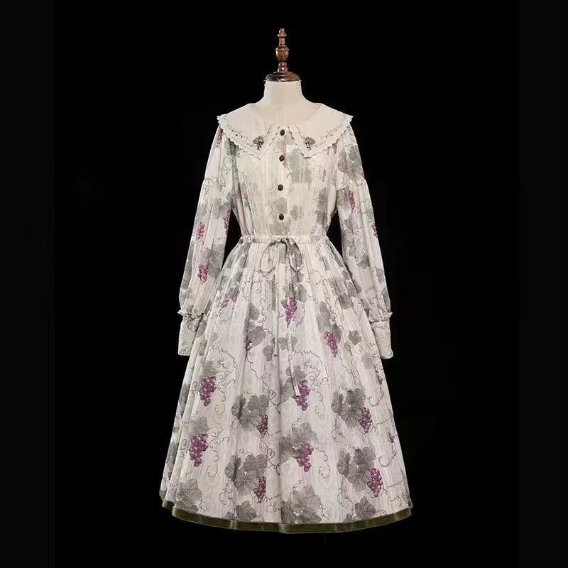 Autumn Winter Japanese Sweet Lolita Vintage Elegant Lady Vineyard Stand Collar Doll Long Sleeve Dress OP and JSK