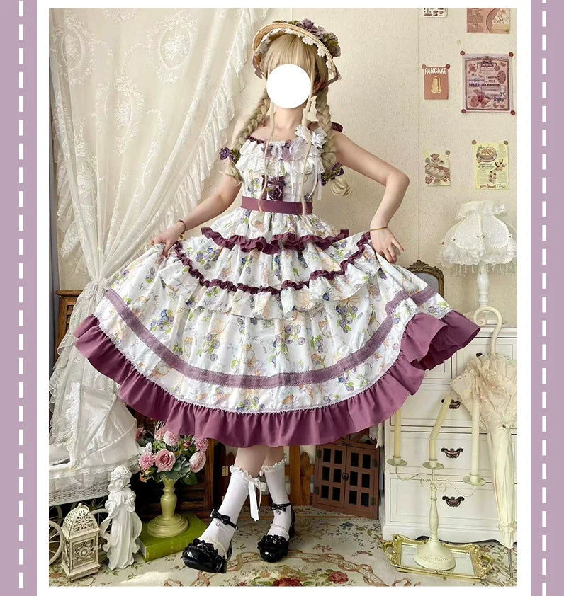Pastel - hued Vintage - inspired Lolita Dress with Delicate Ruffles and Adorable Cartoon Prints