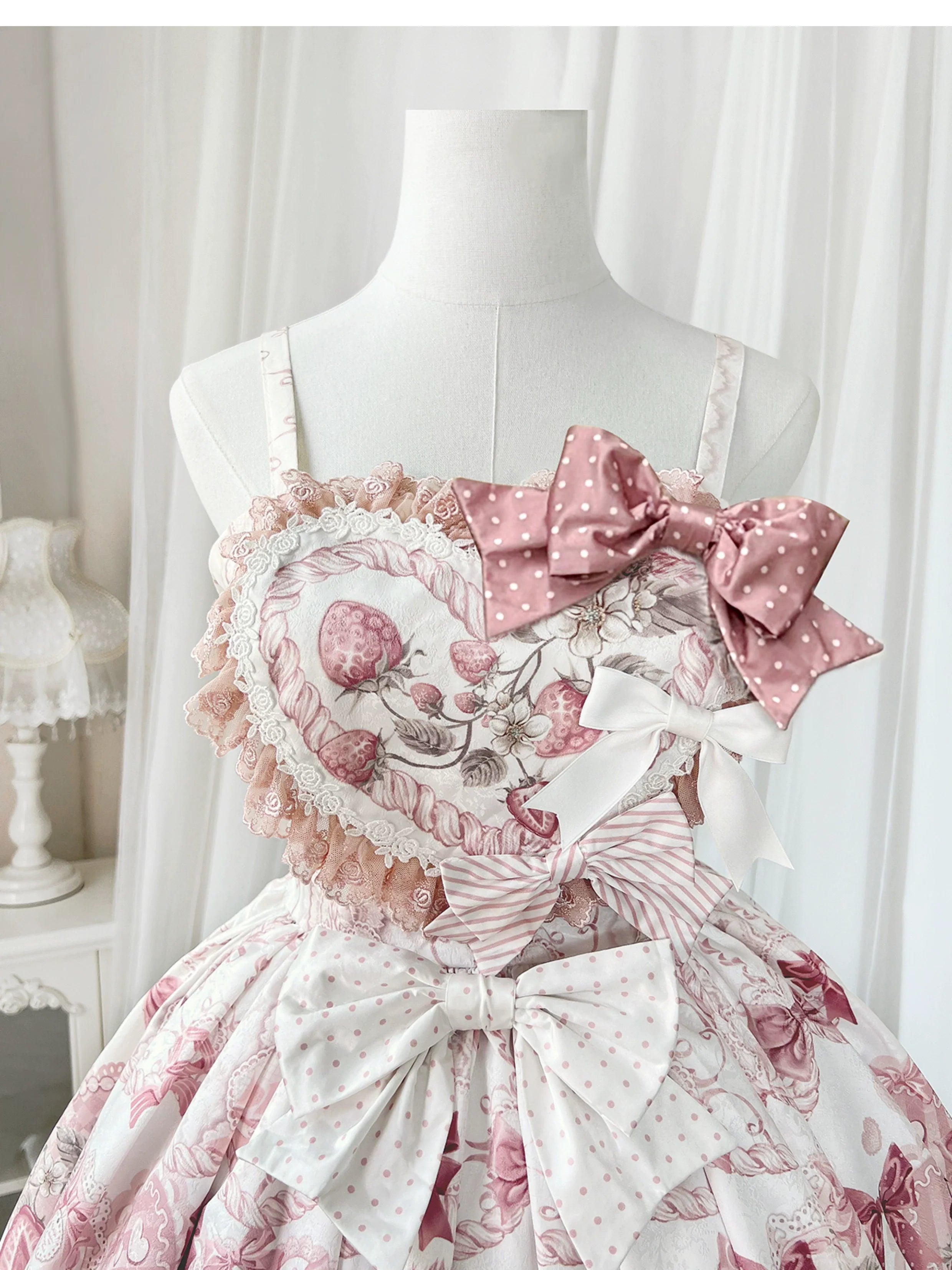 Lolita Capelette Dress Set with Bow - detail and Lace Trim, Pastel Pink and White Color Scheme