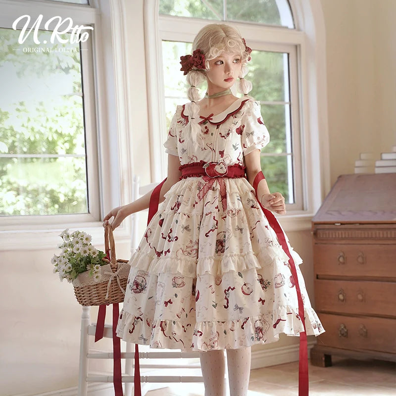 Vintage Whimsy Lolita OP - Cream Floral Pattern with Red Accents