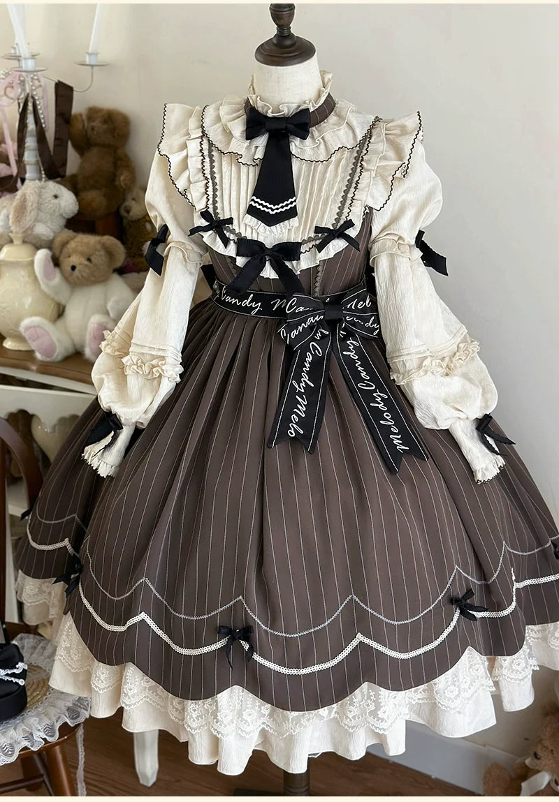 Aristocratic Elegance Lolita Dress - Pinstripe OP with Ribbon Belt and Lace Accents