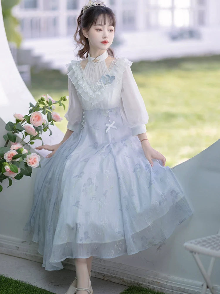 Lolita Fairy Dress! Lace Puff Sleeves + Light Blue Floral Maxi Skirt, Spring Garden Date Outfit