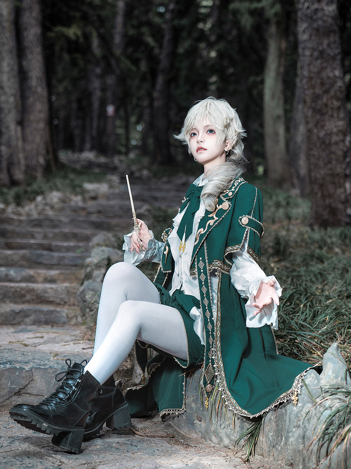 Elegant Dark Green Lolita Prince Set with Gold Embroidery - Versatile Themed Outfit
