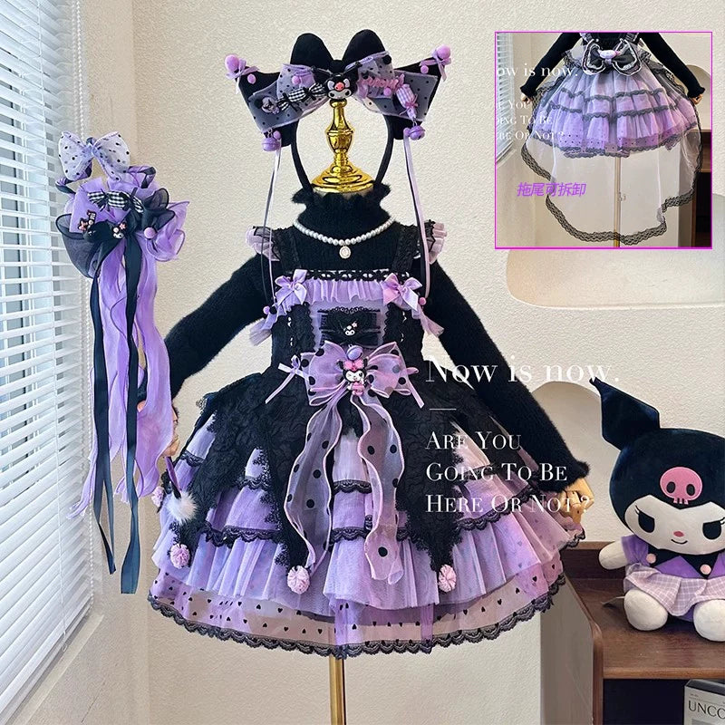Elegant Black and Purple Lolita Dress for Girls - Intricate Lace and Ruffled Skirt - Perfect for Tea Parties and Special Occasions