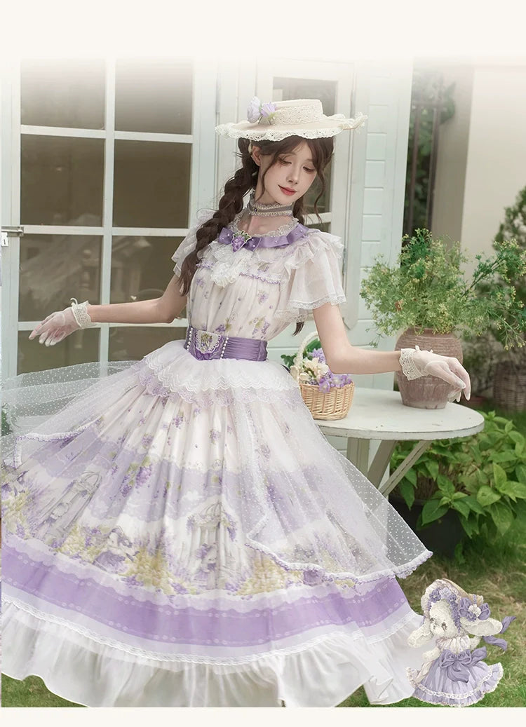 Lolita Dress - Delicate Purple - hued with Floral Patterns, Short - sleeved and Floor - length