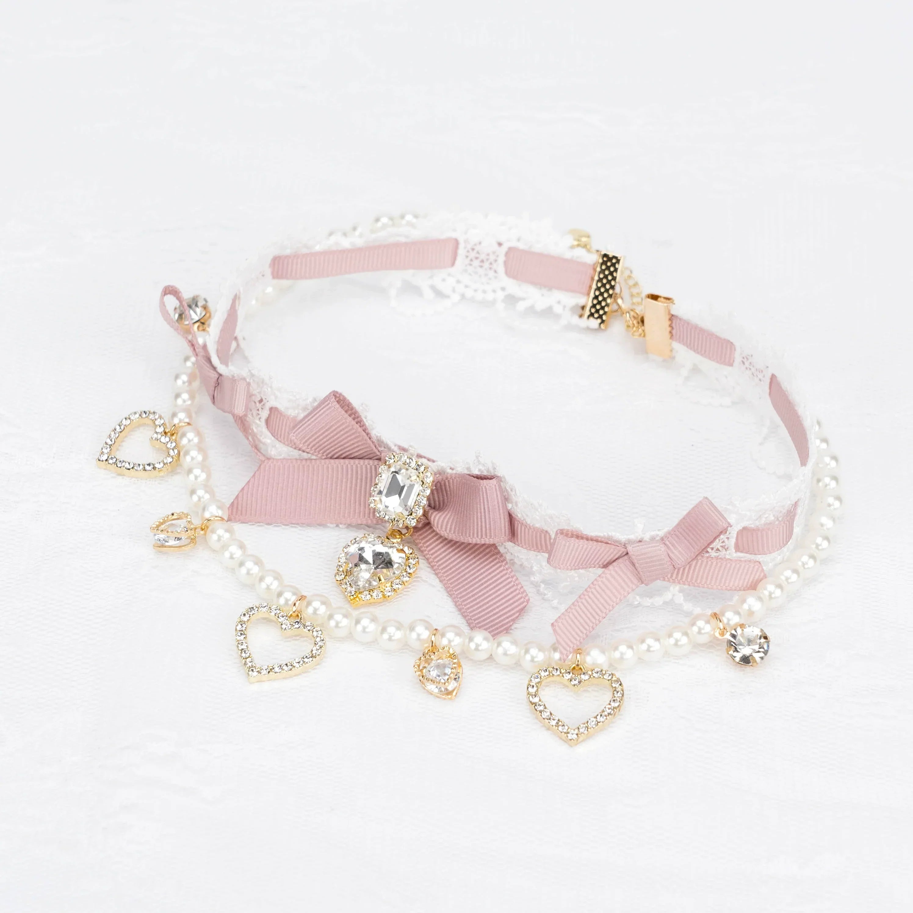 Edgy Punk Style Elaborate Double-Layer Necklace with Pearls and Gemstone Choker Lolita Collarbone Chain