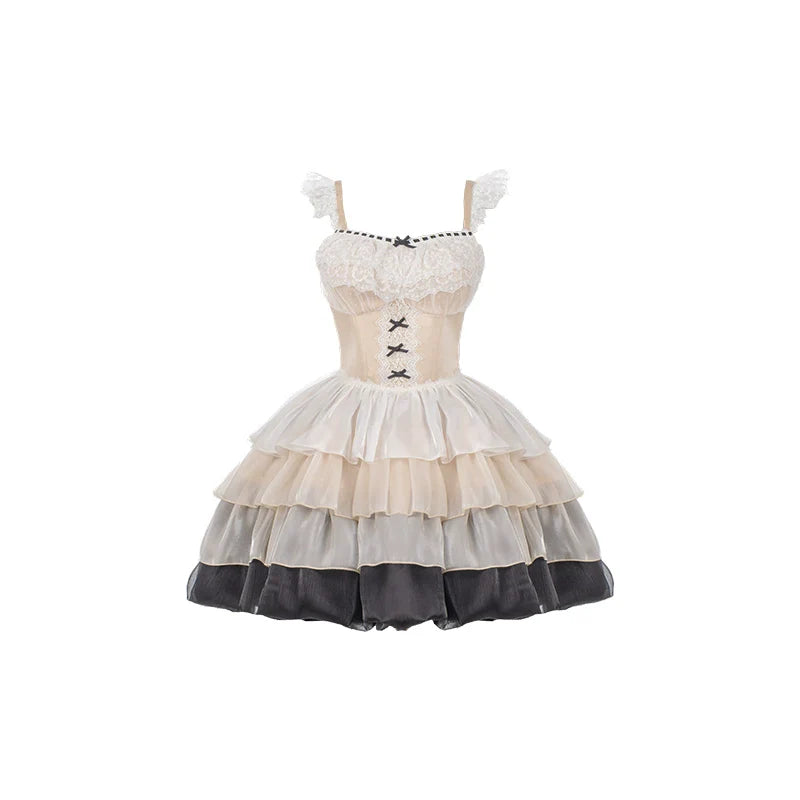 Paris Sunset JSK Fishbone with Built-in Bra Pads, Layered Skirt, Dramatic Full-Skirt Streamer Lolita Dress for All Seasons