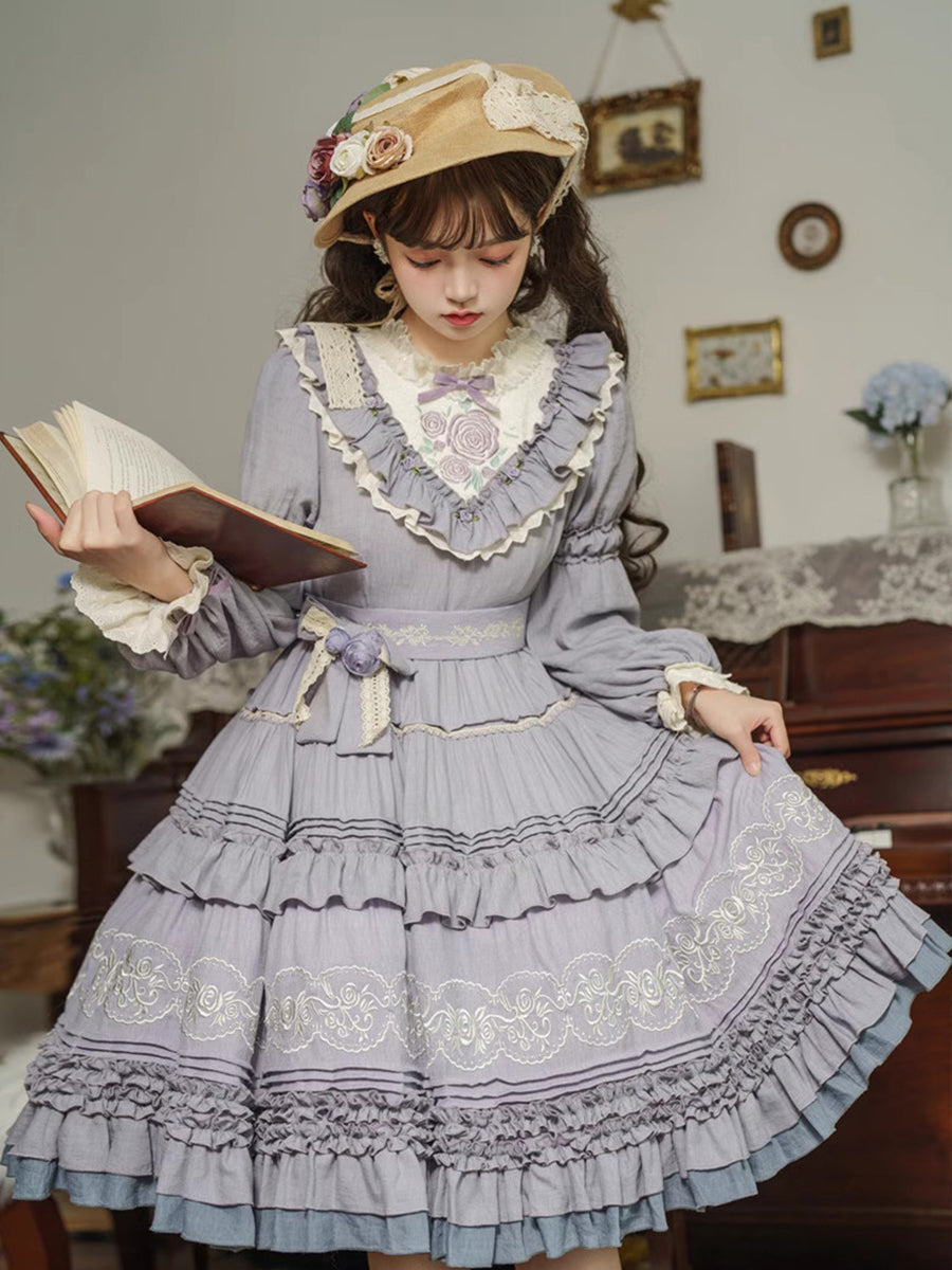 L-4XL Vintage Victorian Charm Lolita OP Dress – Elegant Ruffled Embroidery in Lavender-Gray