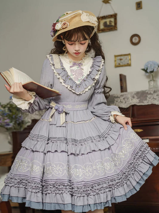 L-4XL Vintage Victorian Charm Lolita OP Dress – Elegant Ruffled Embroidery in Lavender-Gray