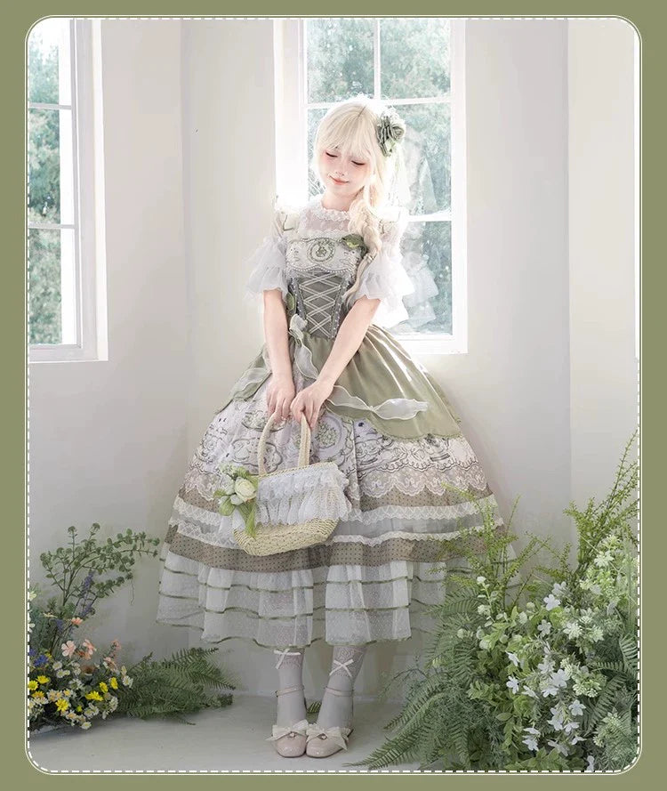 Sweet Lolita Dress - Light Green Layered Tulle Skirt with Lace & Embroidery