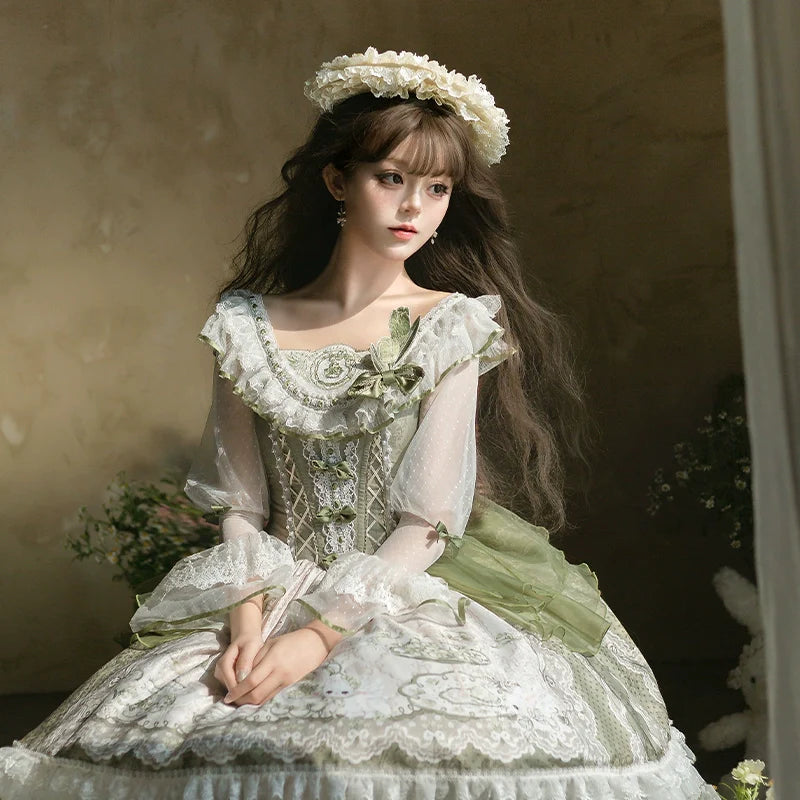 Sweet Lolita Dress - Light Green Layered Tulle Skirt with Lace & Embroidery