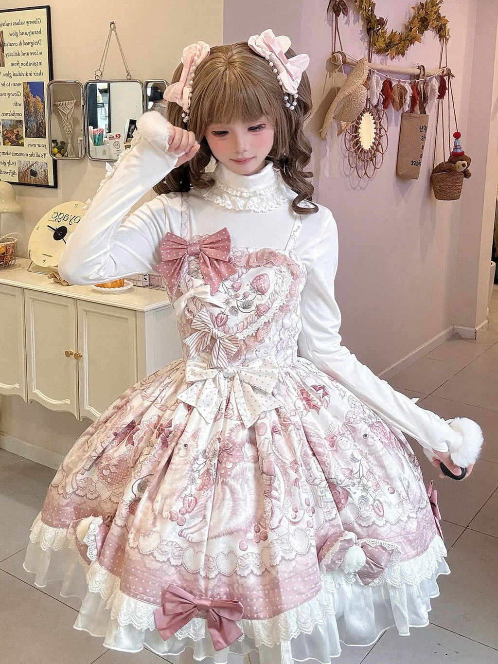Lolita Capelette Dress Set with Bow - detail and Lace Trim, Pastel Pink and White Color Scheme