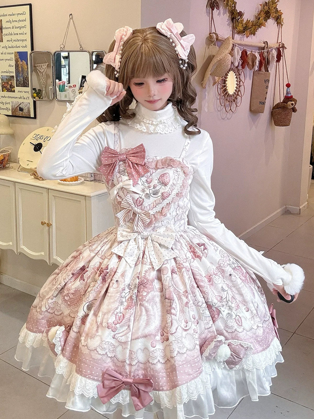 Lolita Capelette Dress Set with Bow - detail and Lace Trim, Pastel Pink and White Color Scheme