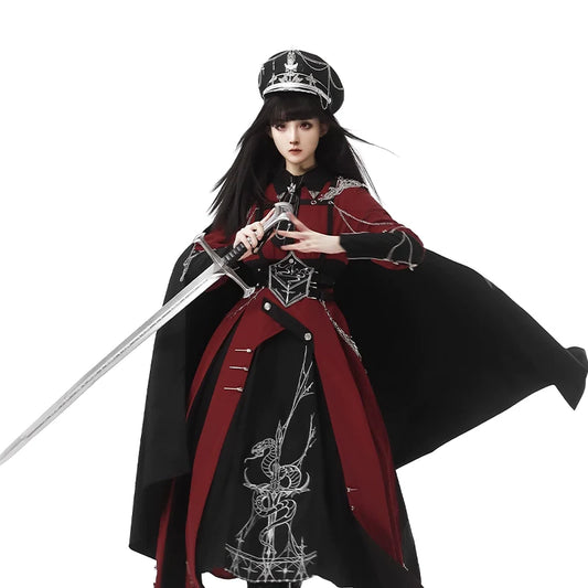 Gothic - style Long Cloak - holding Design, Embellished with Intricate Silver Patterns and Elegant Hat