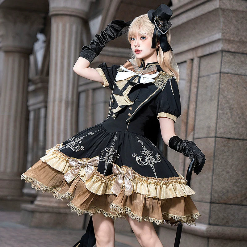 Steampunk - inspired Lolita Dress with Georgette Skirt, Elegant Bow - ties and Intricate Embroidery