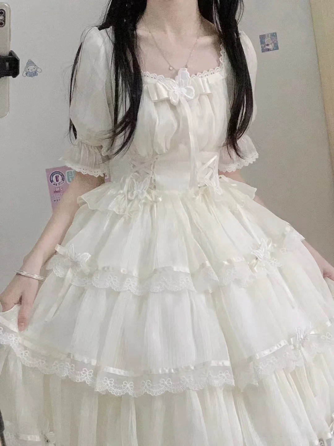 S-2XL Elegant Creamy White Lolita Dress with Lace and Ruffles - Perfect for Summer Outings and Garden Parties