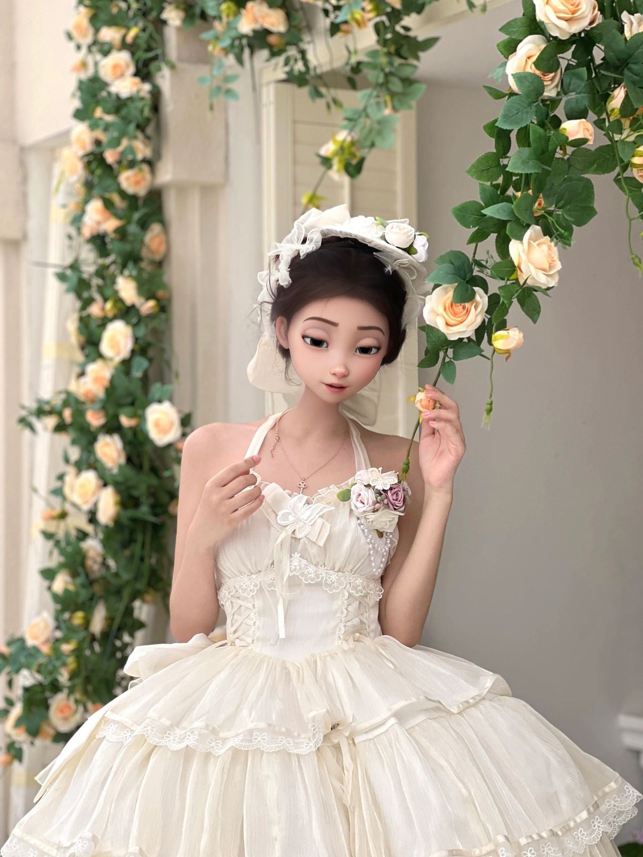 Elegant White Lolita Dress with Ruffled Skirt and Sheer Stockings - Vintage Whimsy for Every Occasion  JSK&OP