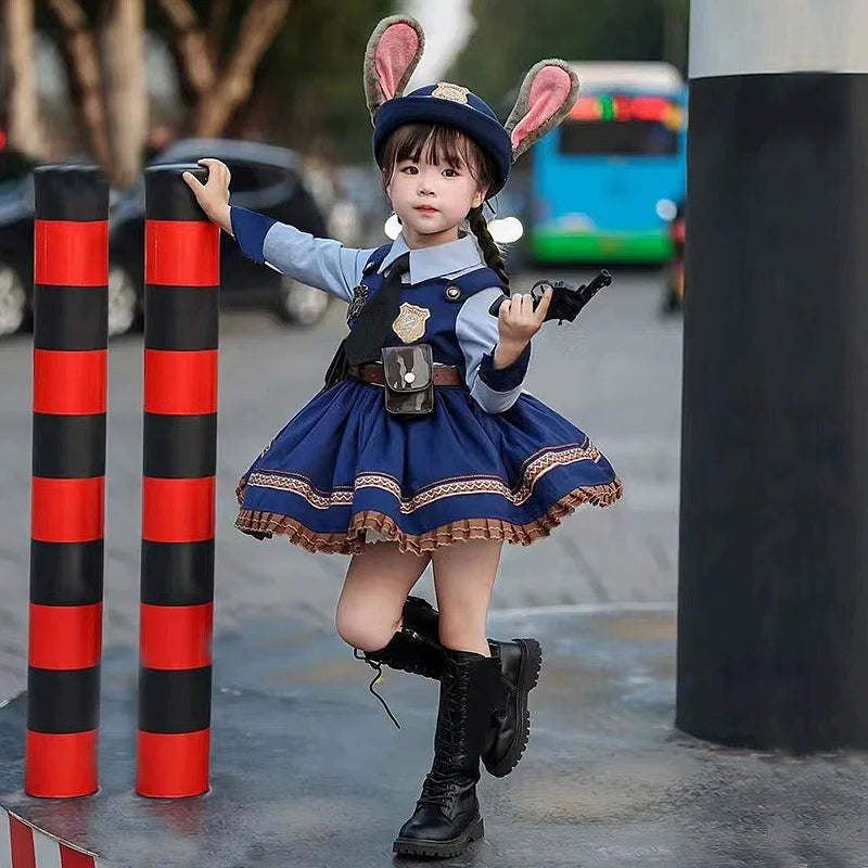 Rabbit Police Officer Lolita Dress for Girls - Navy Blue Whimsical Princess Costume