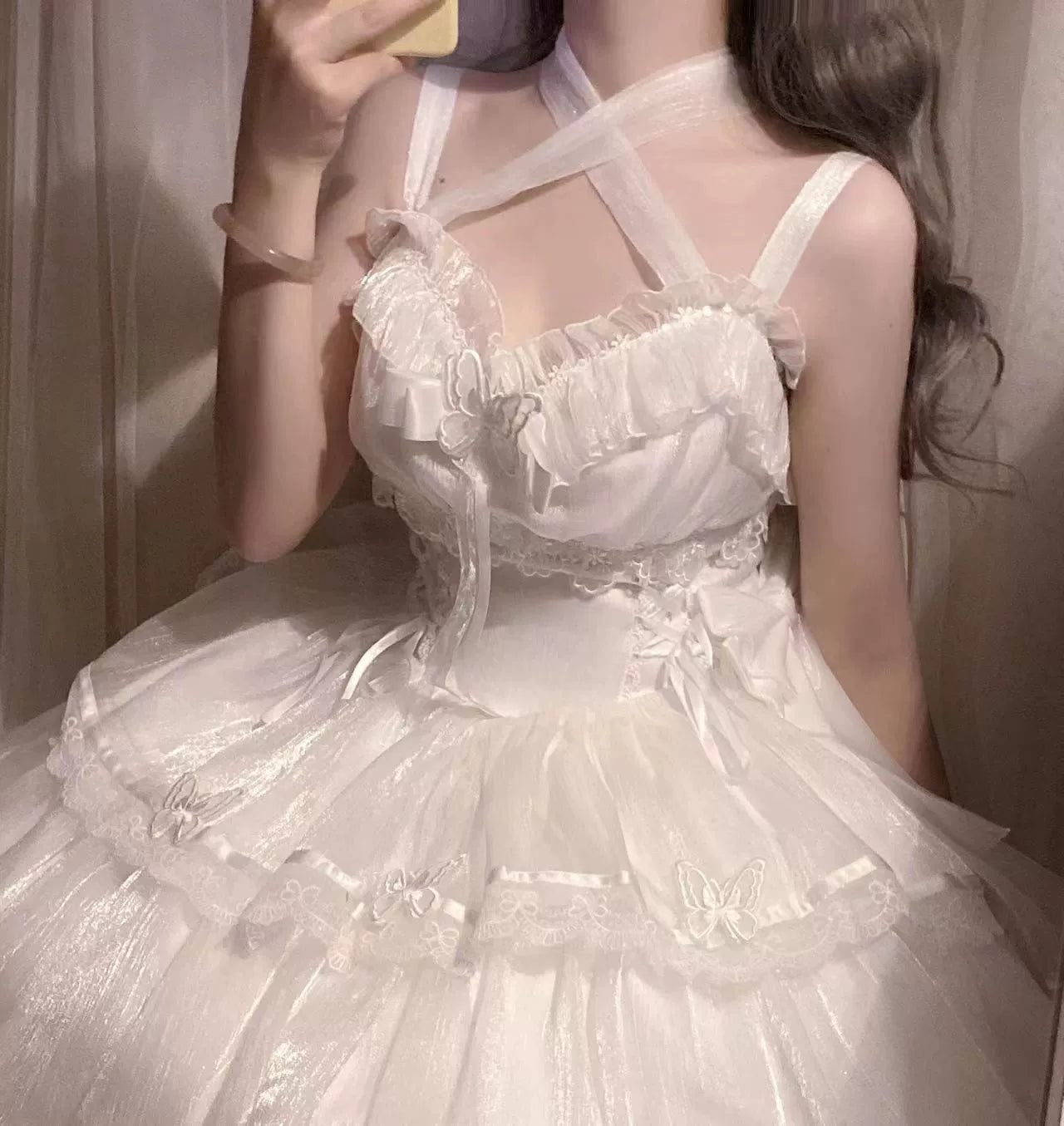 Elegant White Lolita Dress with Ruffled Skirt and Sheer Stockings - Vintage Whimsy for Every Occasion  JSK&OP