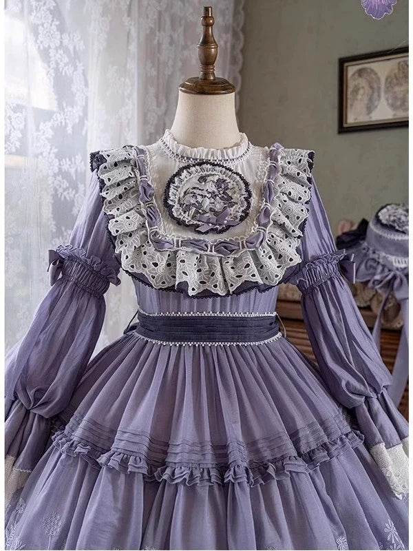 Elegant Lavender Lolita OP Dress with Lace and Ruffled Trims - Versatile and Whimsical Vintage-Inspired Fashion