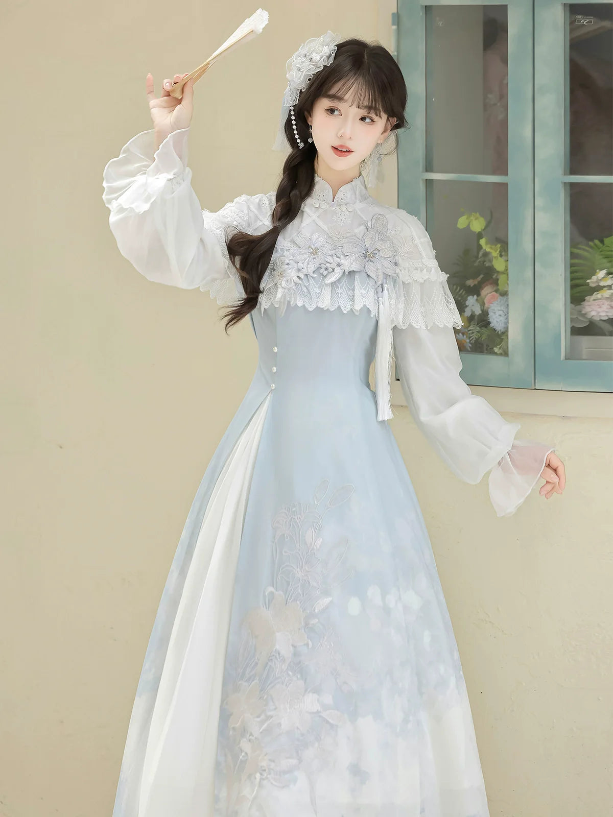 Light - blue Traditional Chinese - style Dress with Delicate Floral Embroidery and Sheer Sleeves