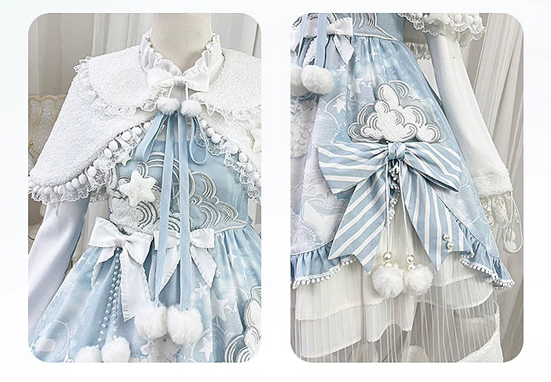Lolita Dress with Fluffy Ears Headband - Sweet Pastel Blue and White Princess - Style Cosplay Costume