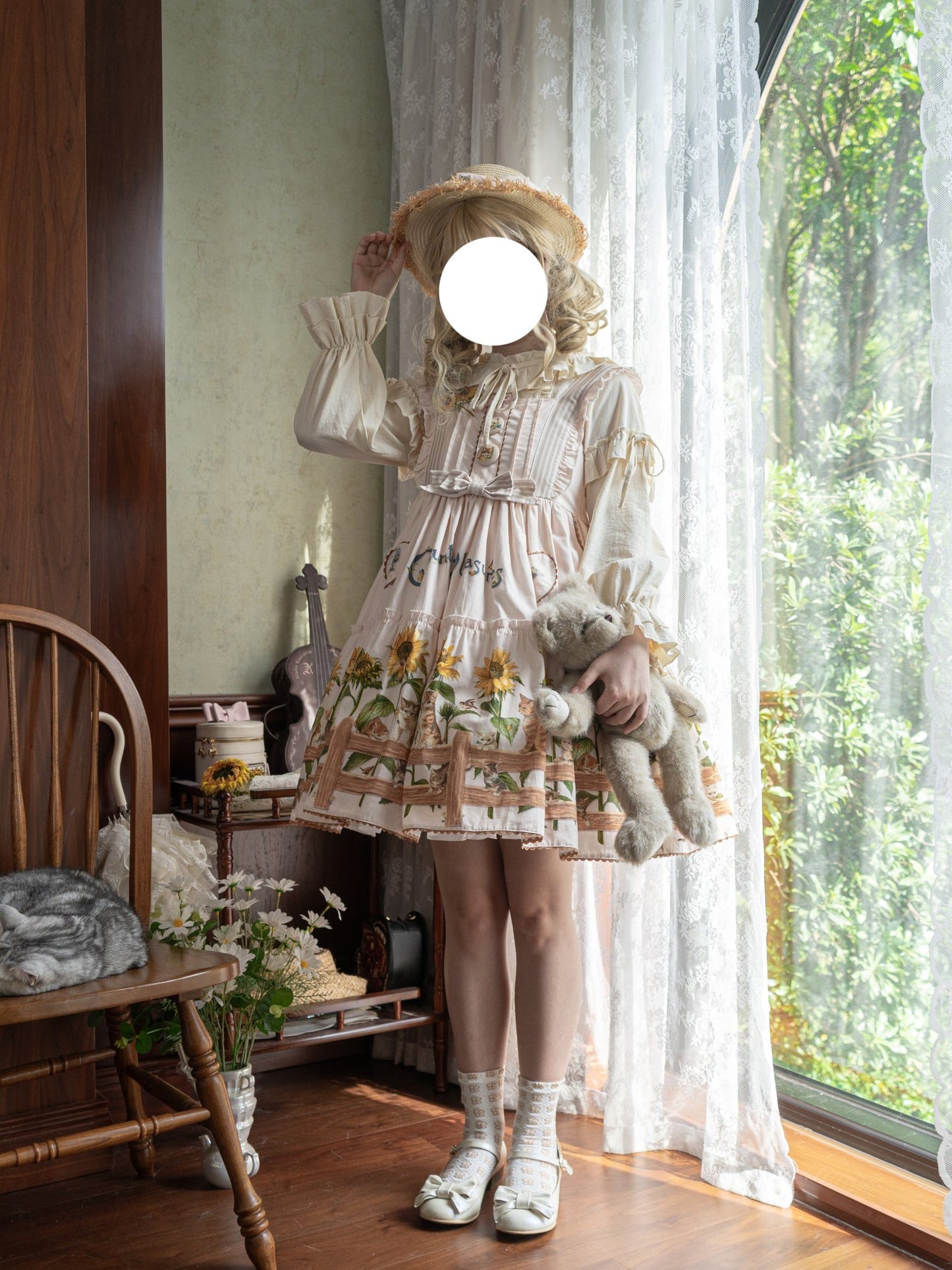 Sunflower Paradise: Cat and Sunflower JSK Lolita with a Big Skirt