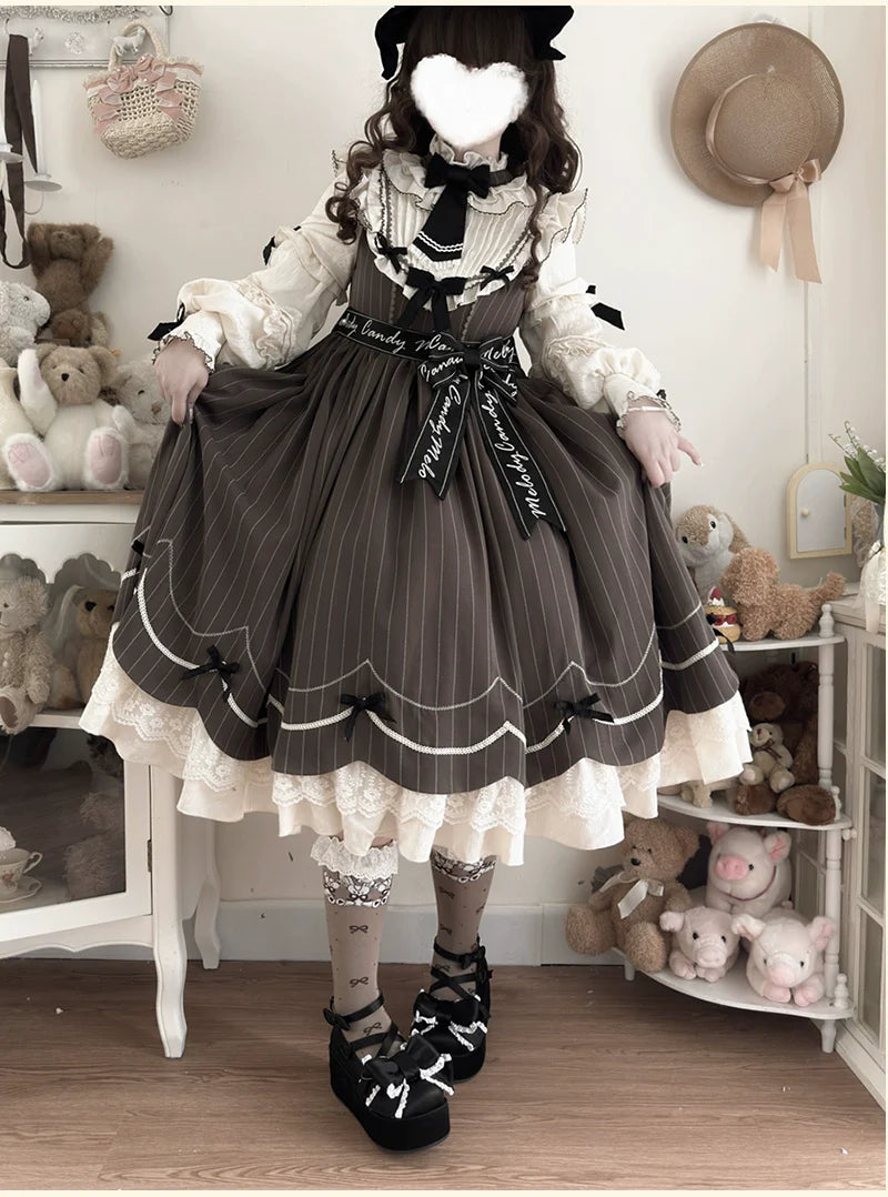 Aristocratic Elegance Lolita Dress - Pinstripe OP with Ribbon Belt and Lace Accents