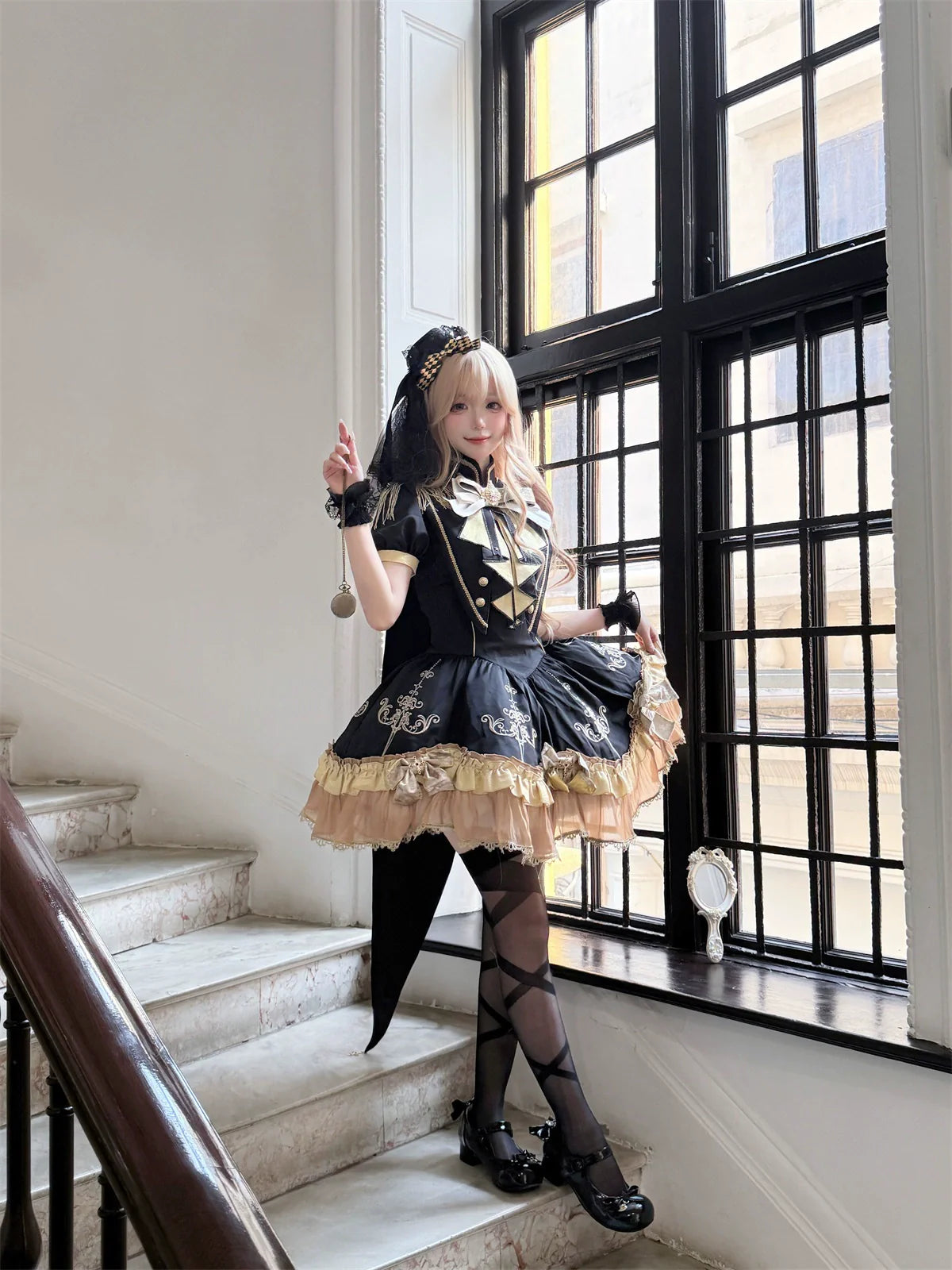 Steampunk - inspired Lolita Dress with Georgette Skirt, Elegant Bow - ties and Intricate Embroidery