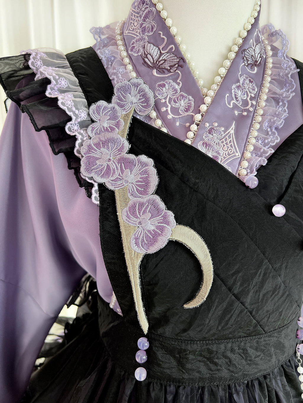 Elegant Purple and Black Lolita Dress with Detachable Apron and Intricate Lace Details