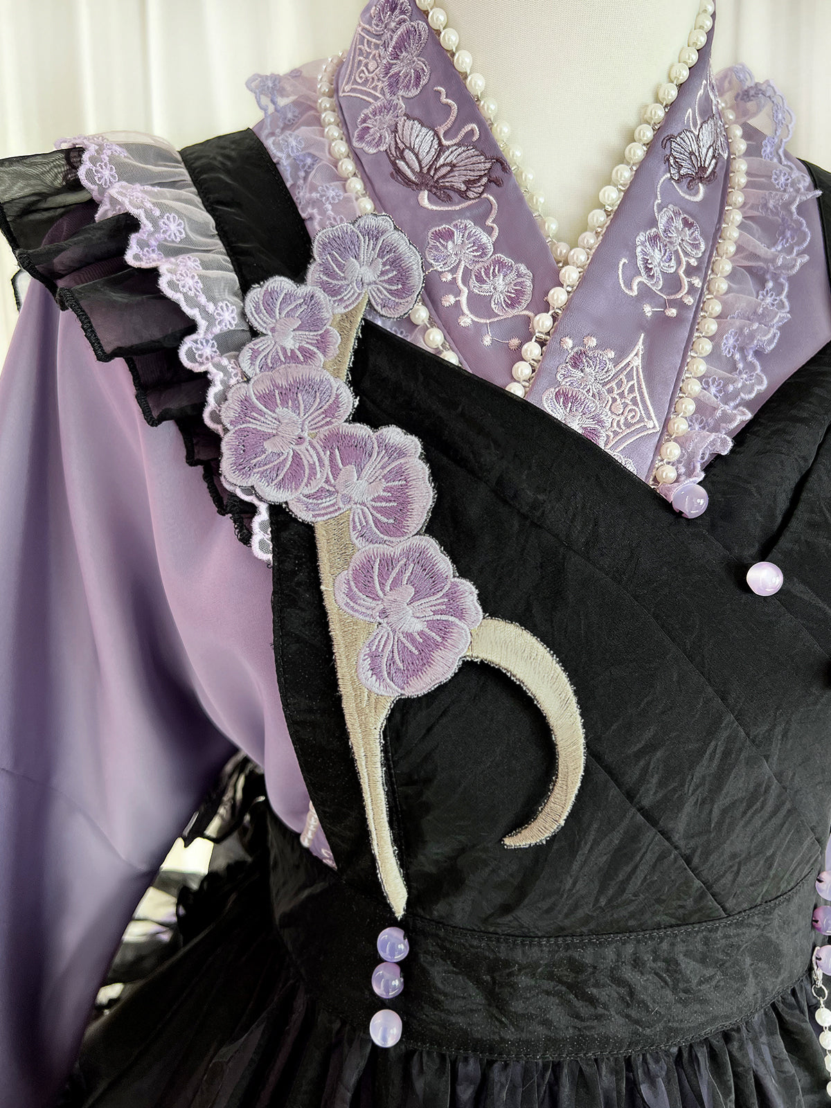 Elegant Purple and Black Lolita Dress with Detachable Apron and Intricate Lace Details