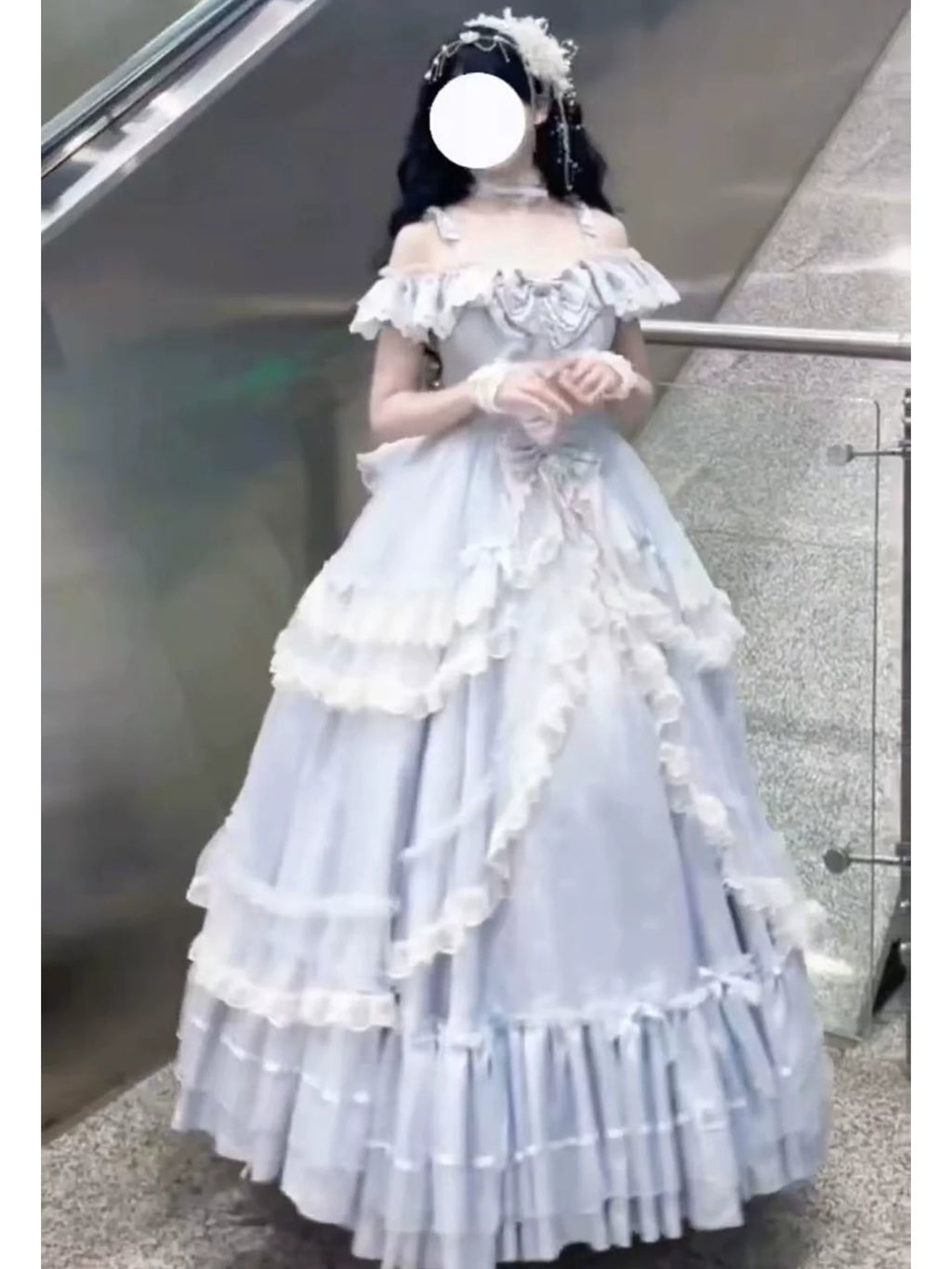 Elegant Light - Blue Off - the - Shoulder Lolita Dress: Ruffled and Bow - adorned