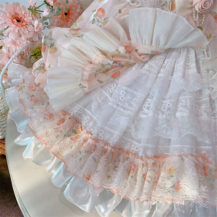 Charming Pastel Pink Lolita Dress for Girls - Floral Embellished, Multi-Layered Skirt, Perfect for Tea Parties and Special Occasions
