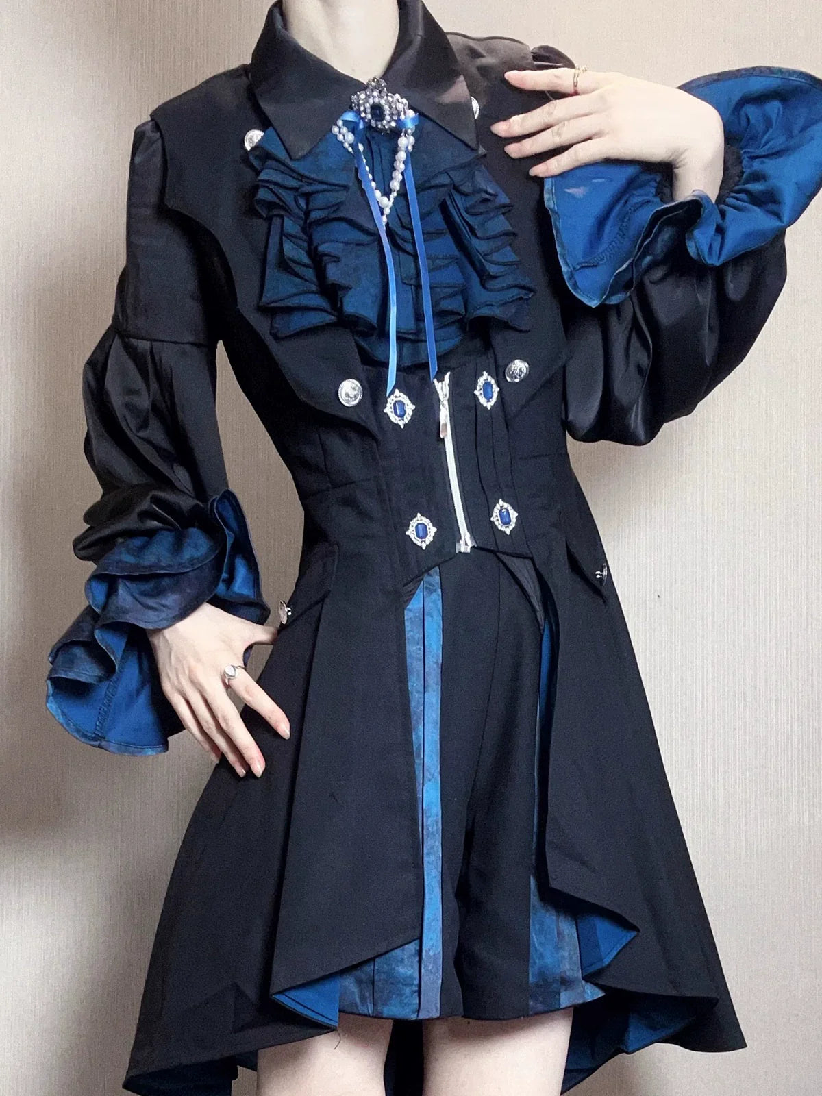 Gothic - Inspired Black and Teal Asymmetrical Long Coat with Puff Sleeves and Decorative Details