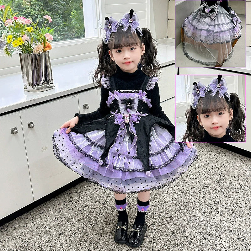 Elegant Black and Purple Lolita Dress for Girls - Intricate Lace and Ruffled Skirt - Perfect for Tea Parties and Special Occasions