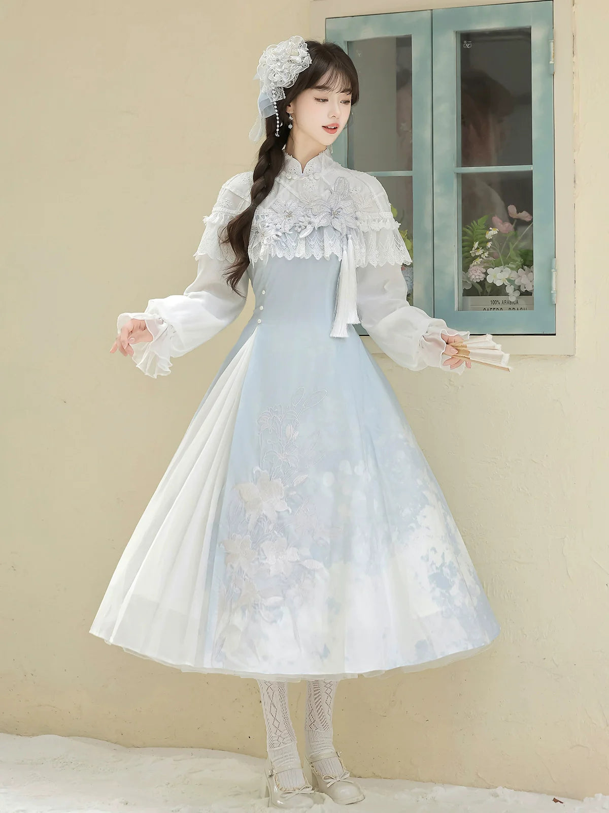 Light - blue Traditional Chinese - style Dress with Delicate Floral Embroidery and Sheer Sleeves
