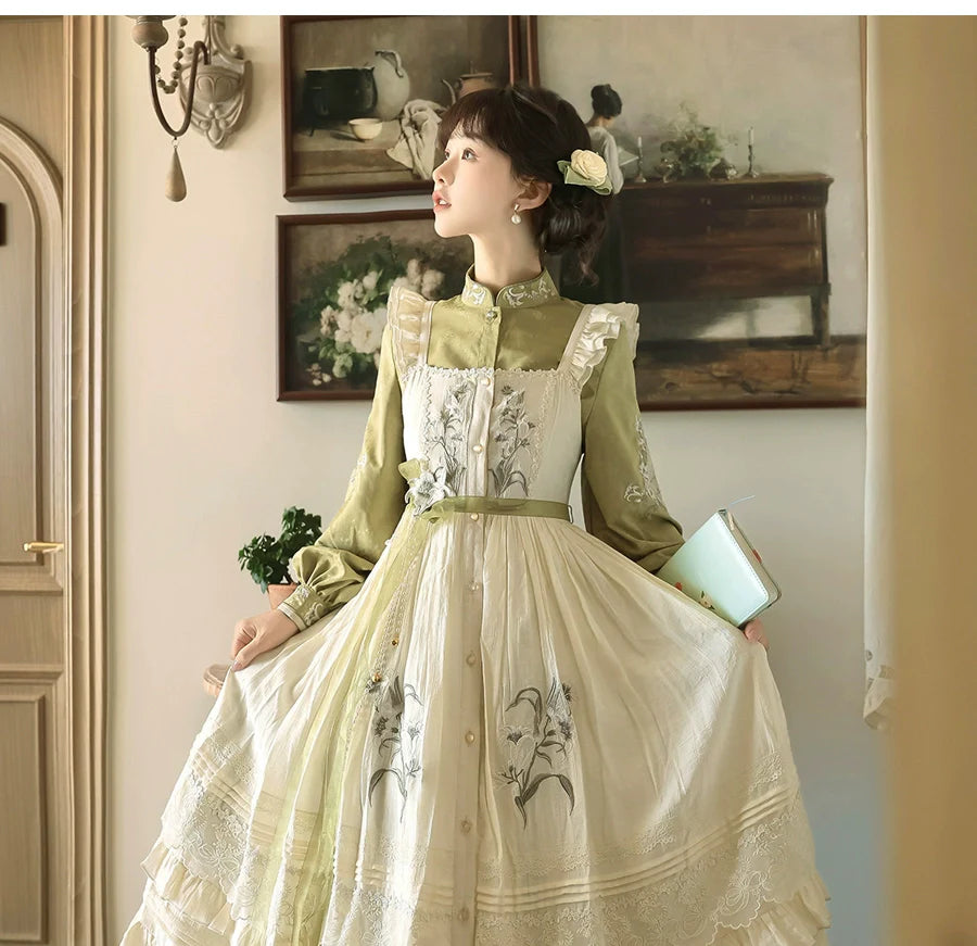 Vintage - style Green and White Layered Lolita Dress with Floral Embroidery