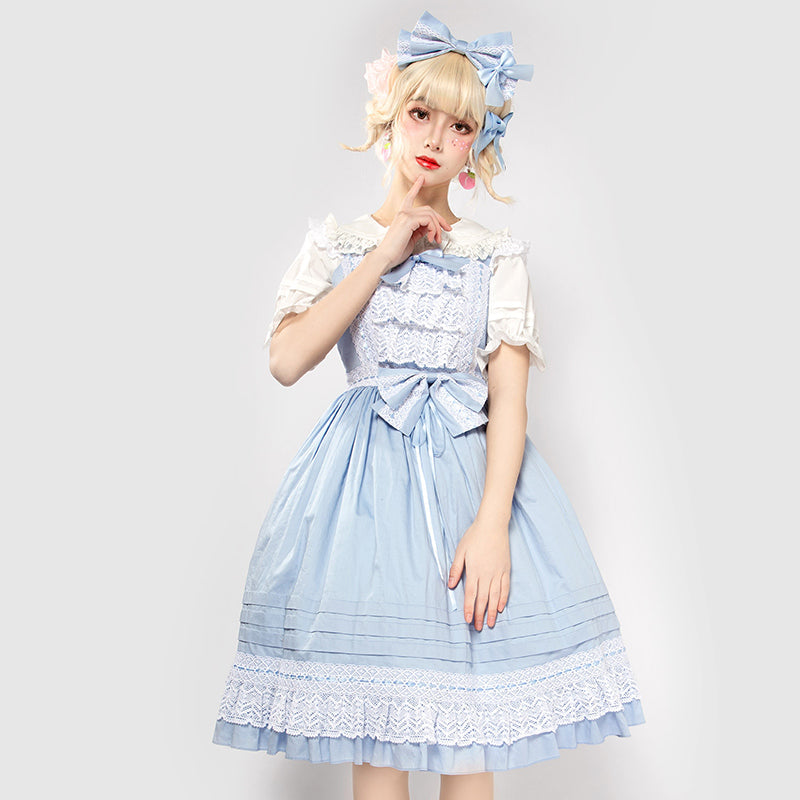 Elegant Multicolored Lolita Dress with Detachable Apron and Bow Details    OP & JSK