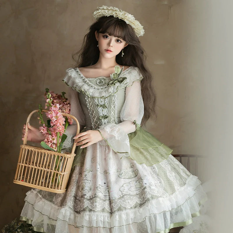 Sweet Lolita Dress - Light Green Layered Tulle Skirt with Lace & Embroidery