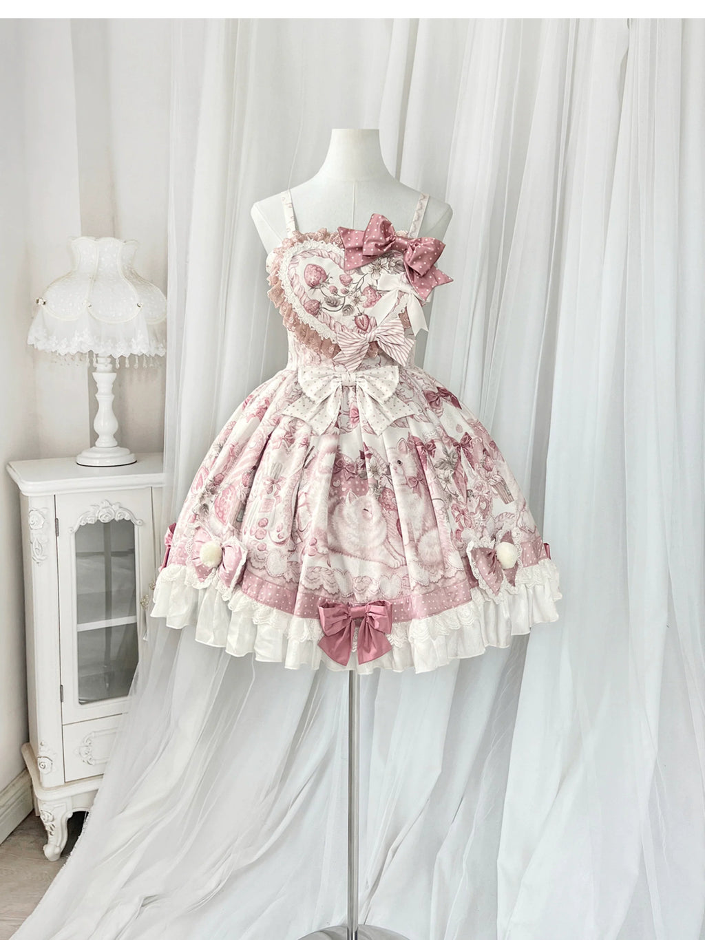 Lolita Capelette Dress Set with Bow - detail and Lace Trim, Pastel Pink and White Color Scheme
