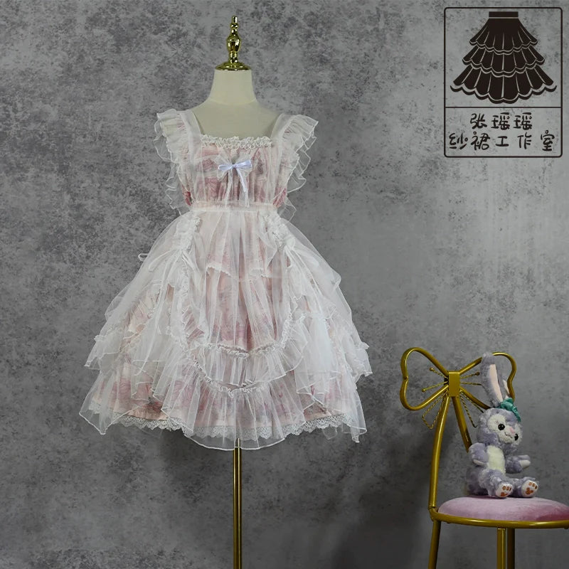 Serene Blossom Lolita Dress - Dual-Style Apron Overlay JSK with Floral and Lace Accents