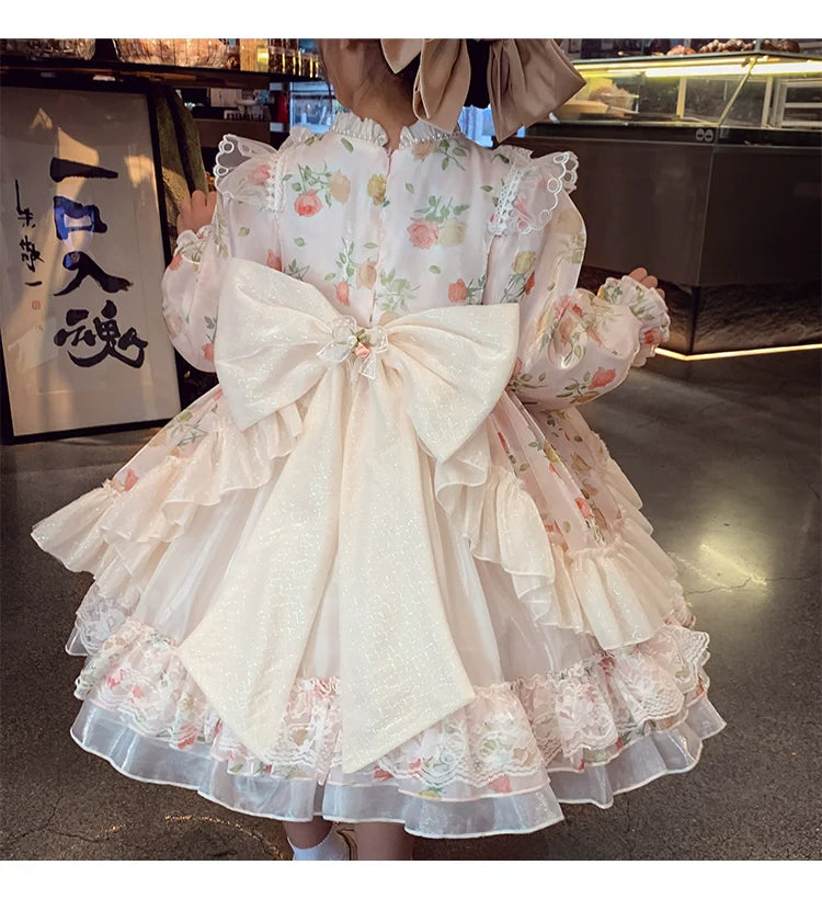 Charming Pastel Pink Lolita Dress for Girls - Floral Embellished, Multi-Layered Skirt, Perfect for Tea Parties and Special Occasions